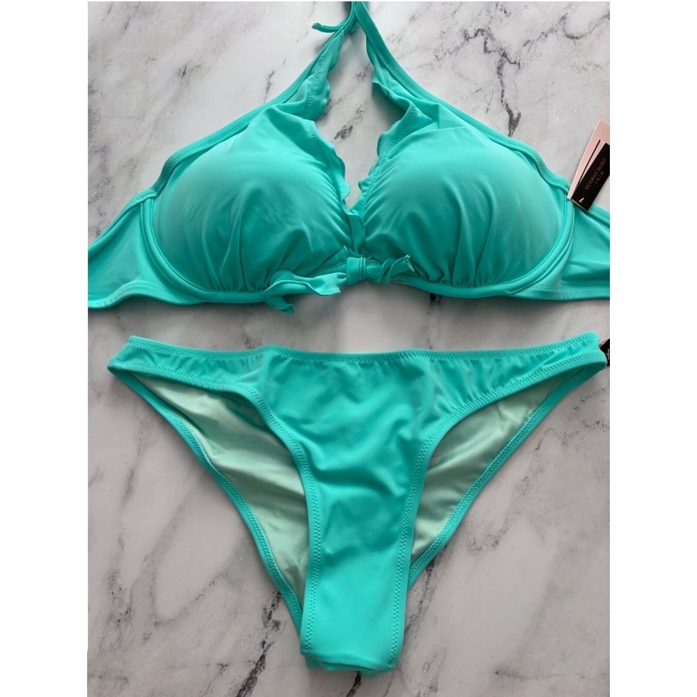 Victoria's Secret Swim Mint Frost Capri Ruffle Bikini + Itsy Bottom Set 38D / L